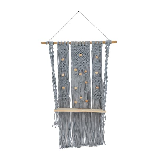 Gray Cotton Handmade Macrame 1 Shelf Wall Shelf 25" x 6" x 46"